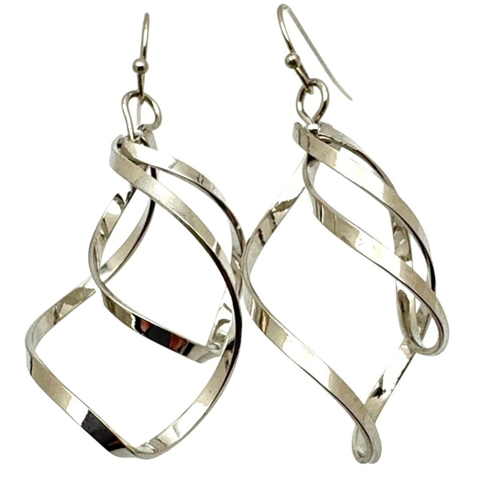 Elegant Silve-Tone Twisted Hoop Dangle Earrings 2 inch Drop Elegant
